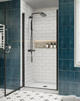 P103 Zerra Semi-Frameless Pivot Shower Door Closed in a Modern Bathroom.