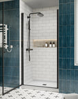 P103 Zerra Semi-Frameless Pivot Shower Door Closed in a Modern Bathroom.
