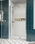 P103 Zerra Semi-Frameless Pivot Shower Door Closed in a Modern Bathroom.