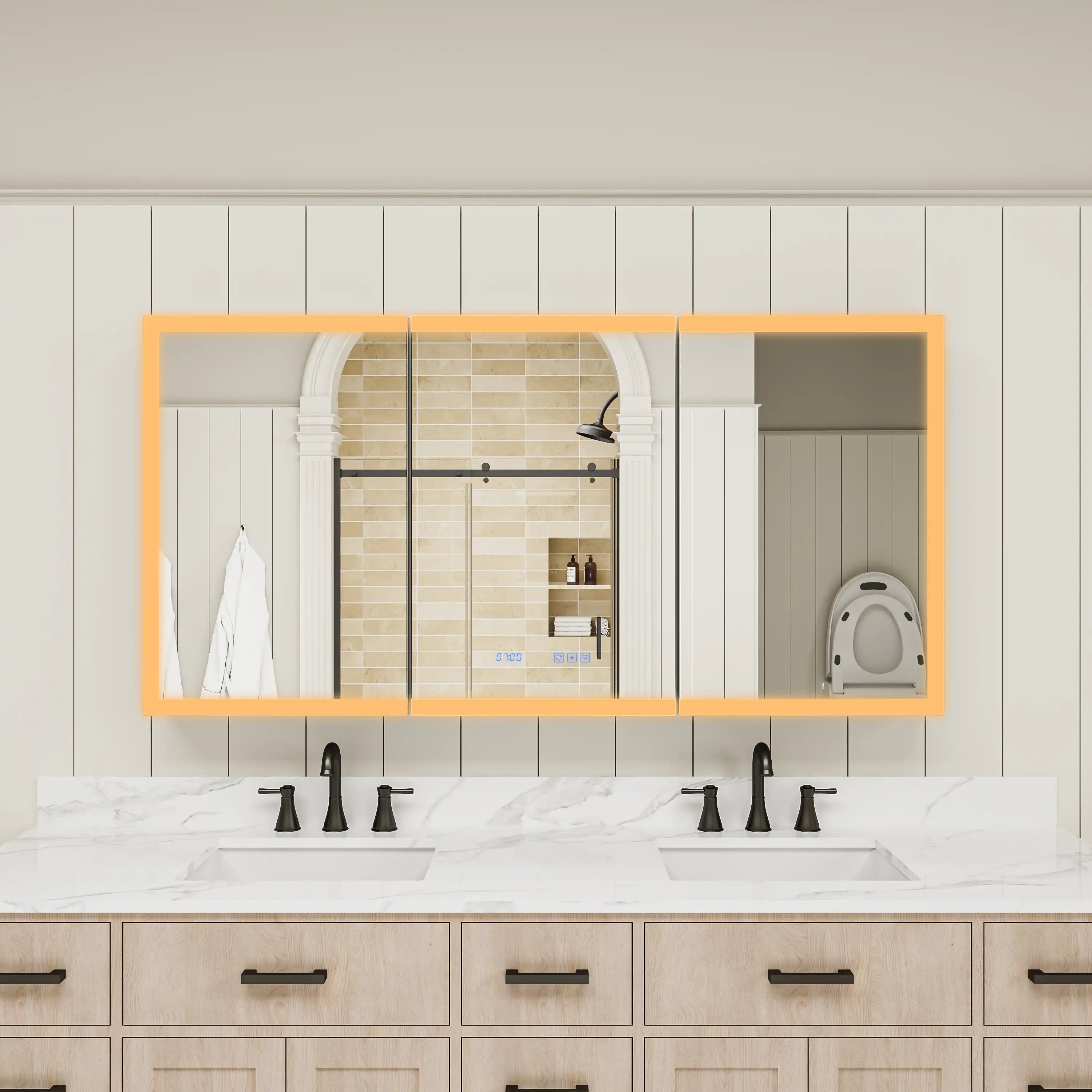 Three-door medicine cabinet with warm light effect