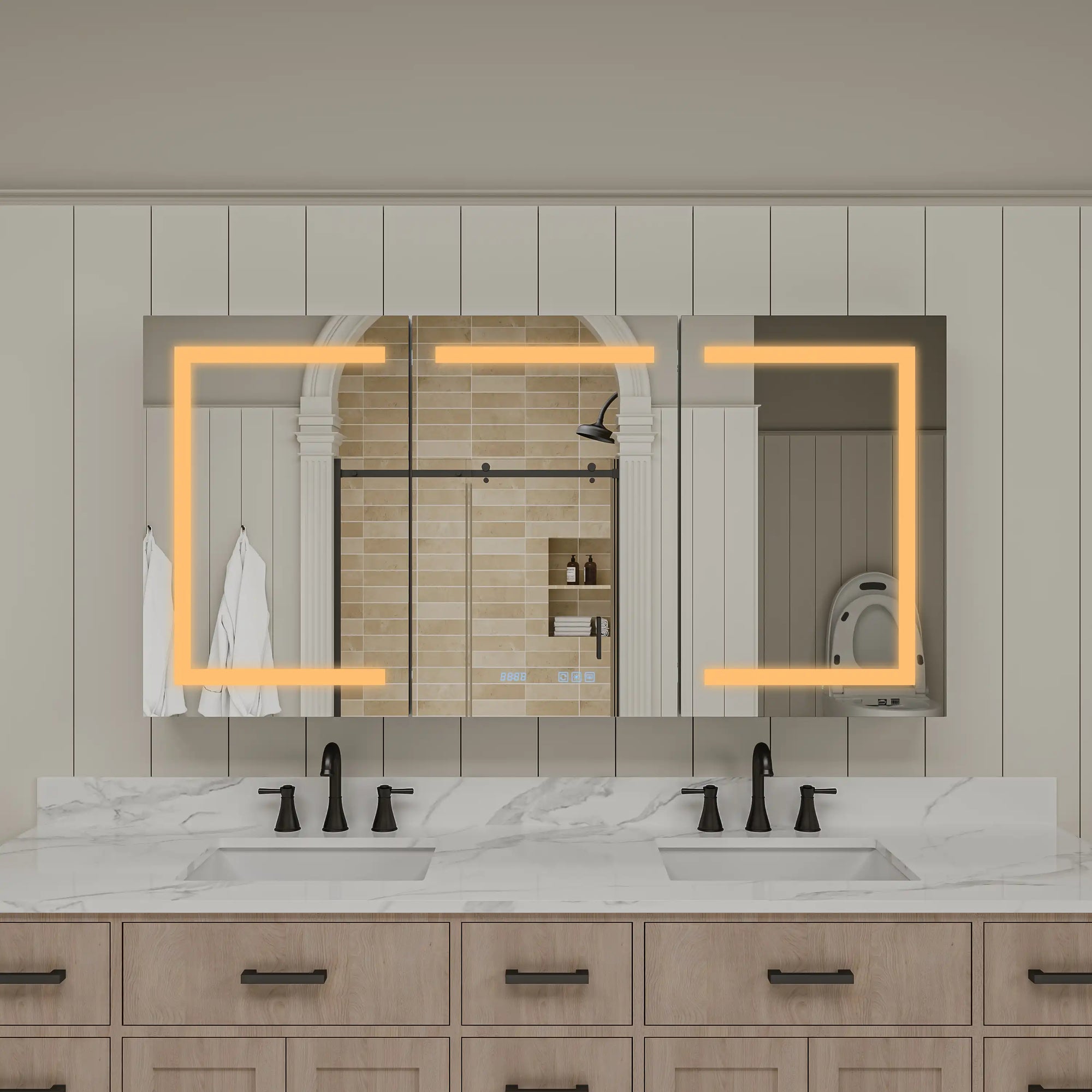 Pro Shower 48x30/60x30 LED Medicine Cabinet illuminated with warm light color temperature.