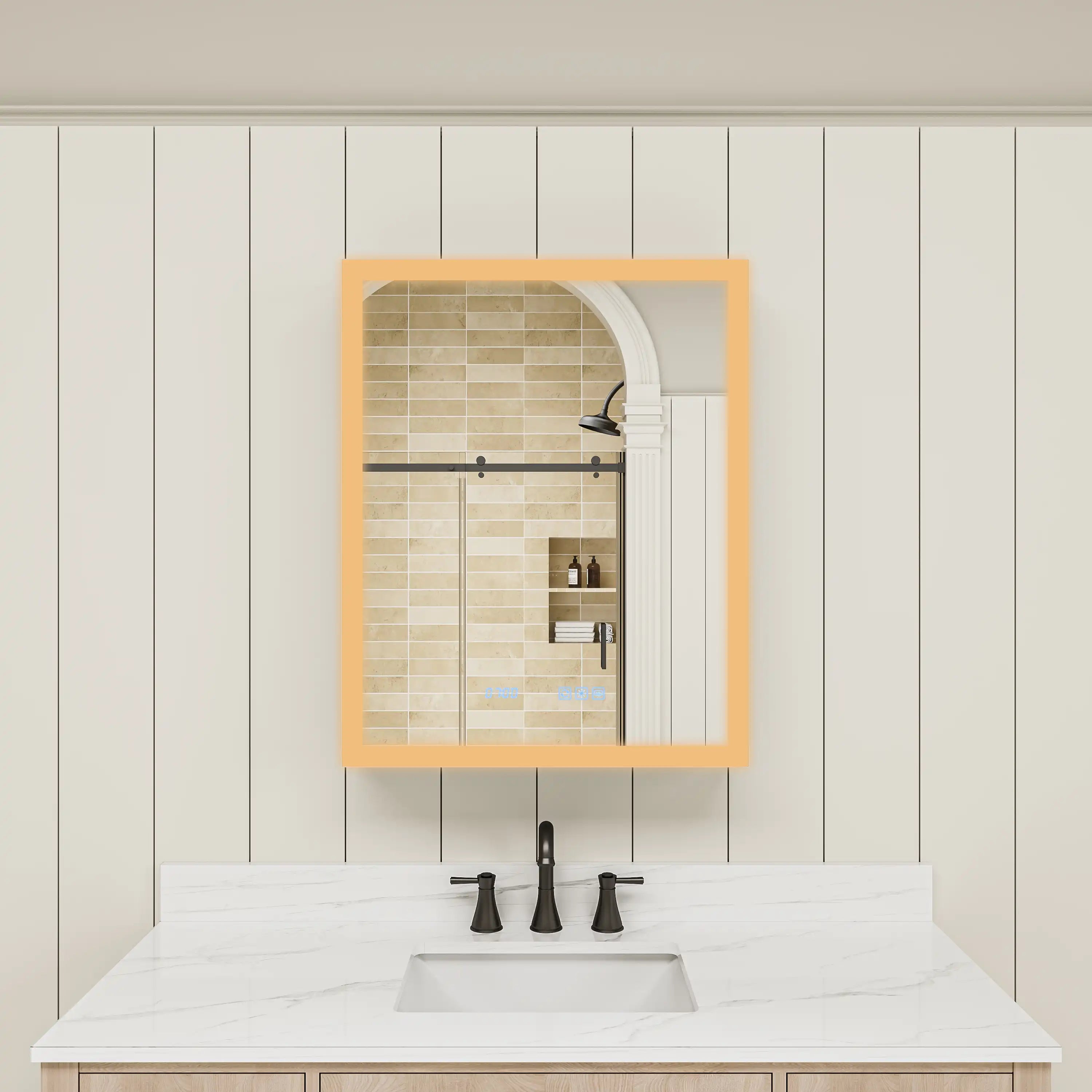 Front view of medicine cabinet mirror with warm LED light.