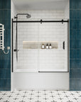 Matte black sliding bathtub door, frameless design, 60 x 58 inches, installed with tempered glass panels in a modern bathroom | Ace Decor