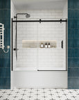 Matte black sliding bathtub door, frameless design, 60 x 58 inches, installed with tempered glass panels in a modern bathroom.