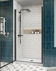 P103 Zerra Semi-Frameless Pivot Shower Door Closed in a Modern Bathroom.