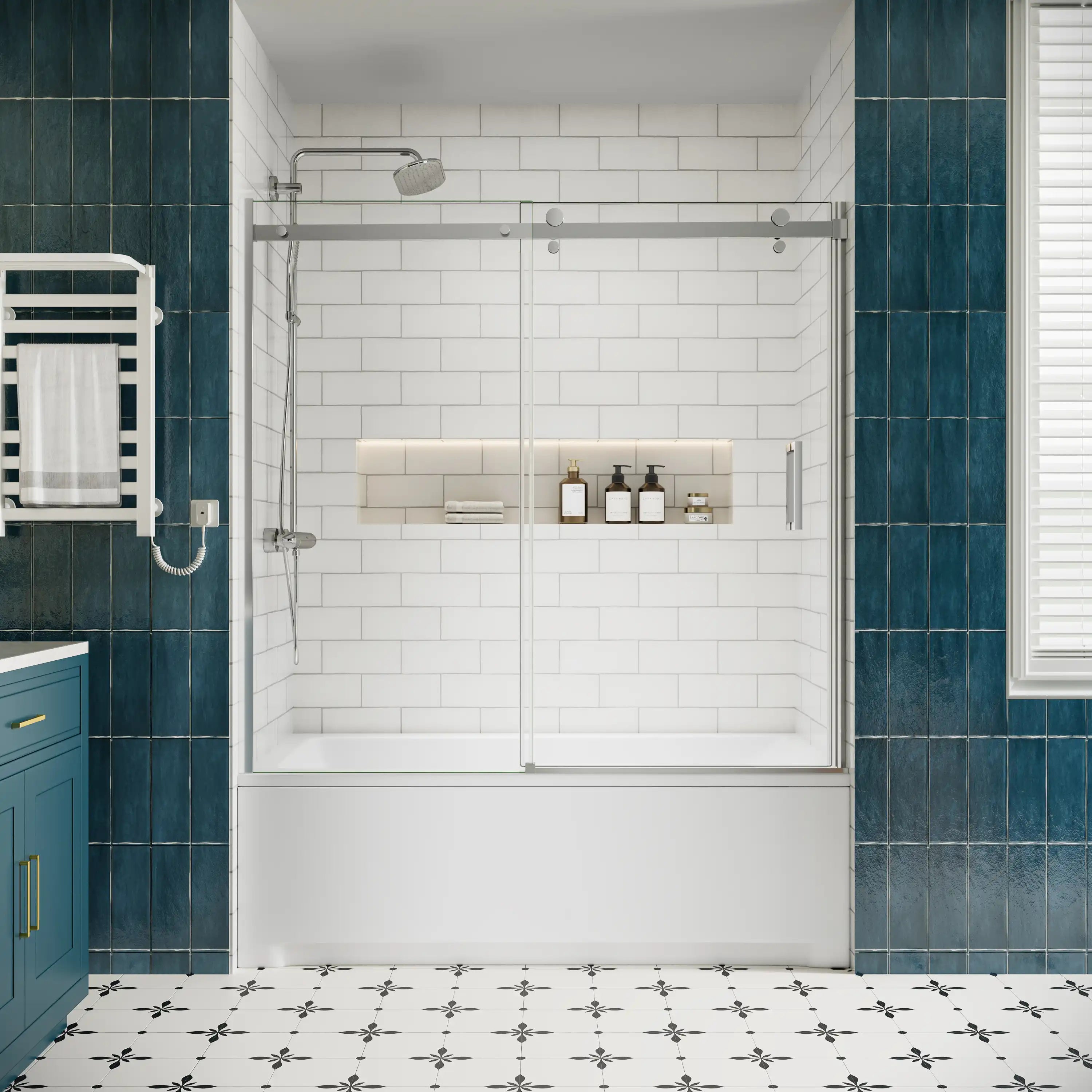 Front view of bathtub sliding glass doors frameless, chrome finish, size 60 x 58 inches, reverse installation | Ace Decor
