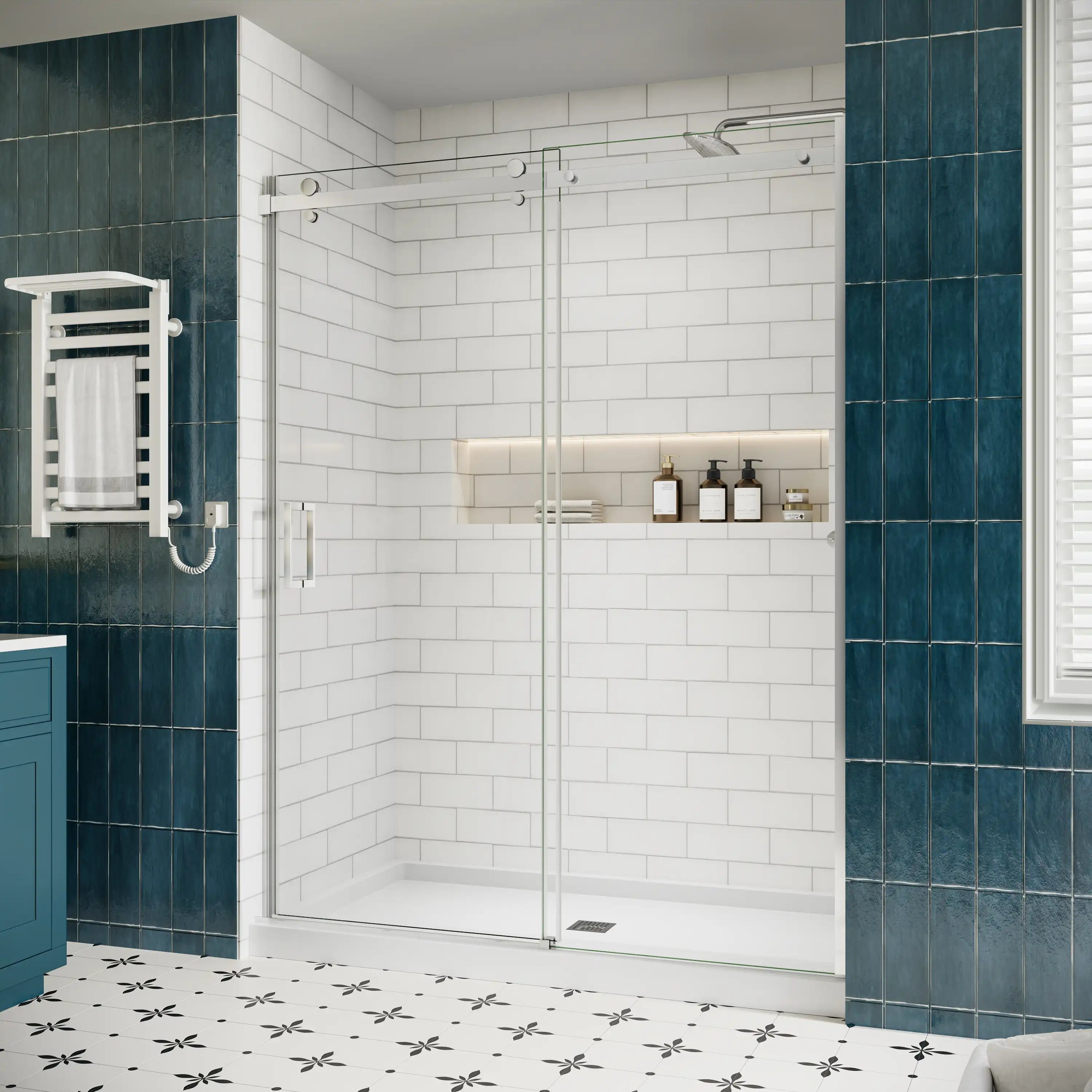 Shower door sliding frameless, size 60 x 74 inches, chrome finish, side view | Ace Decor