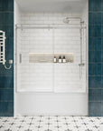 Front view of bathtub sliding glass doors frameless, chrome finish, size 60 x 58 inches | Ace Decor