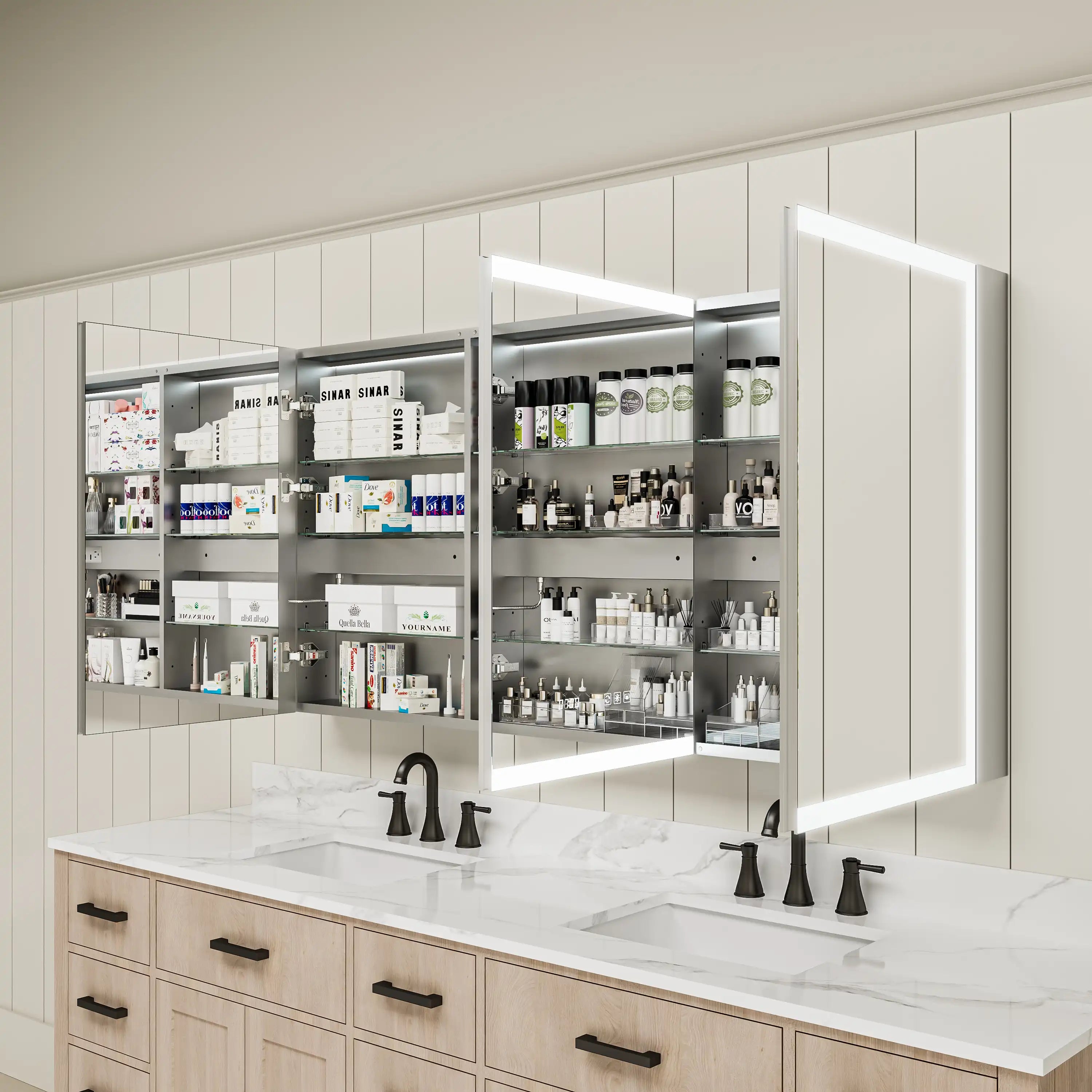 LED lighted medicine cabinet with three doors, right side open view.