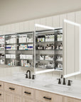LED lighted medicine cabinet with three doors, right side open view.