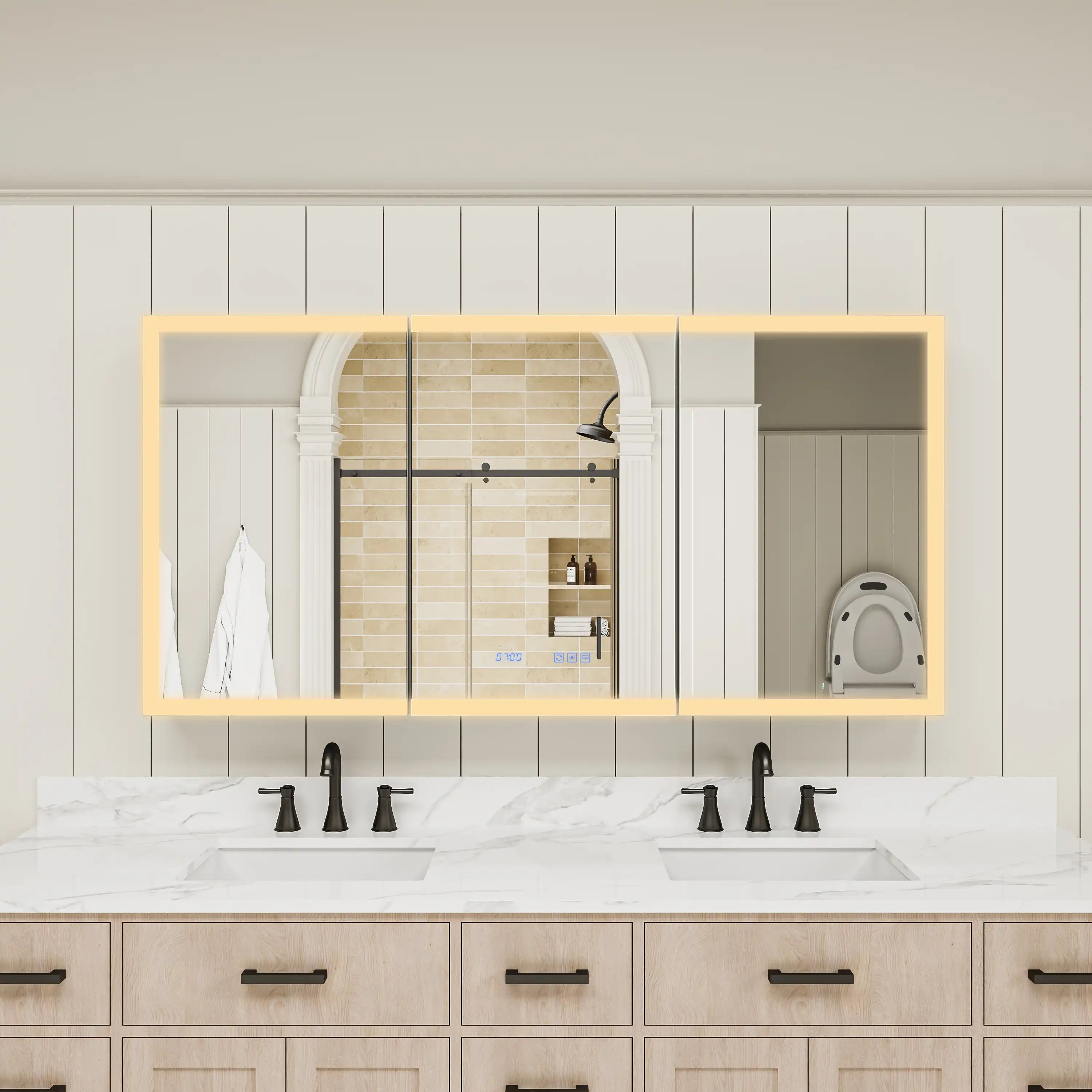 Three-door medicine cabinet with natural light effect
