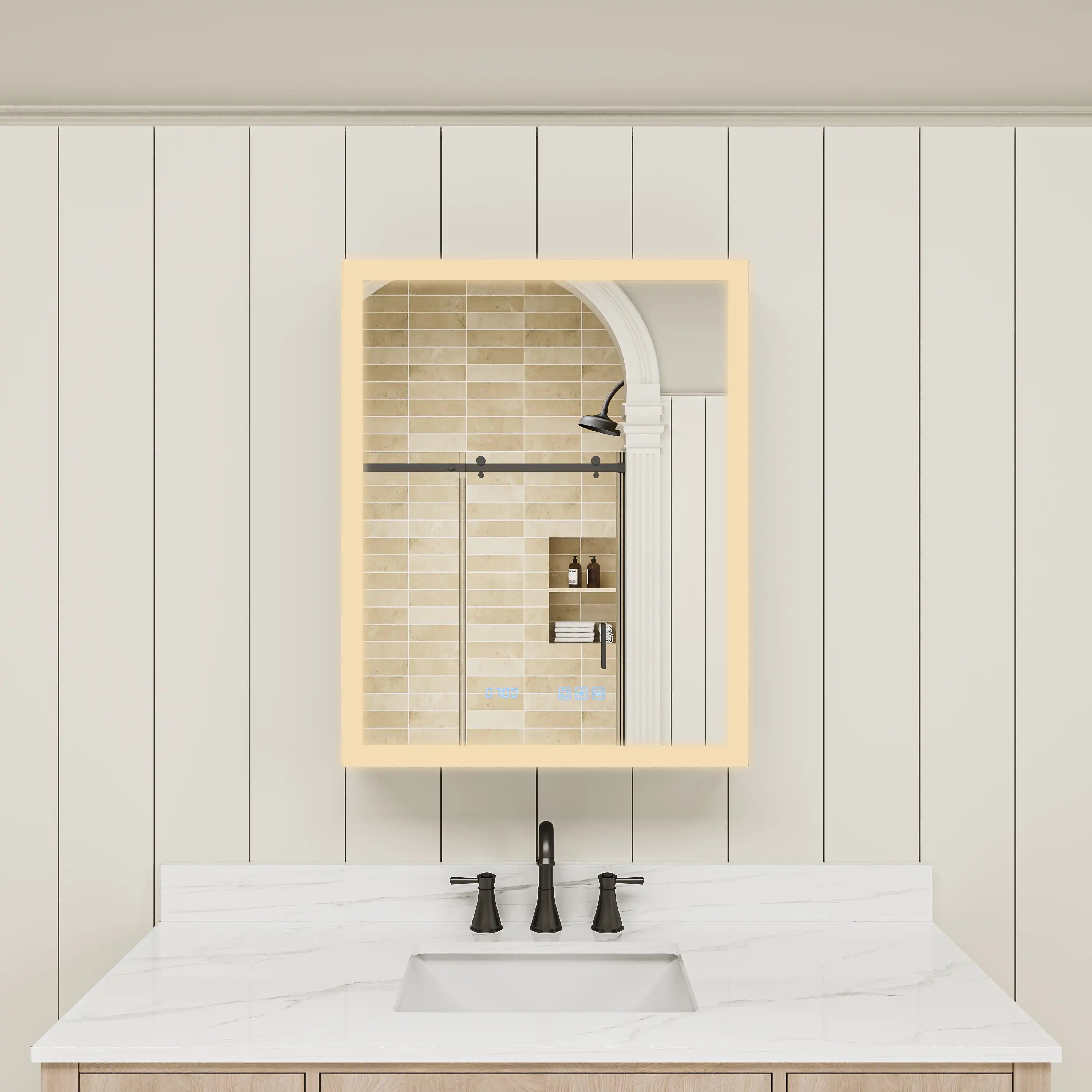 Front view of medicine cabinet mirror with warm LED light.