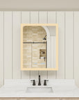 Front view of medicine cabinet mirror with warm LED light.