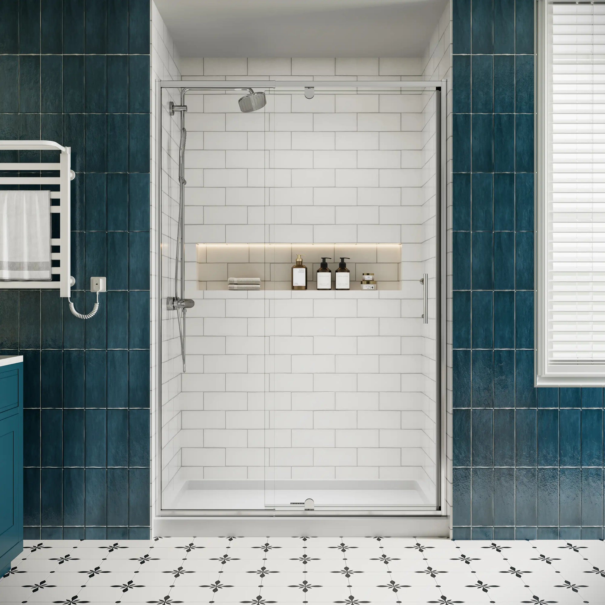 Front view of framed 48 pivot shower door, size 48 x 71, installed in a modern tiled bathroom | Ace Decor