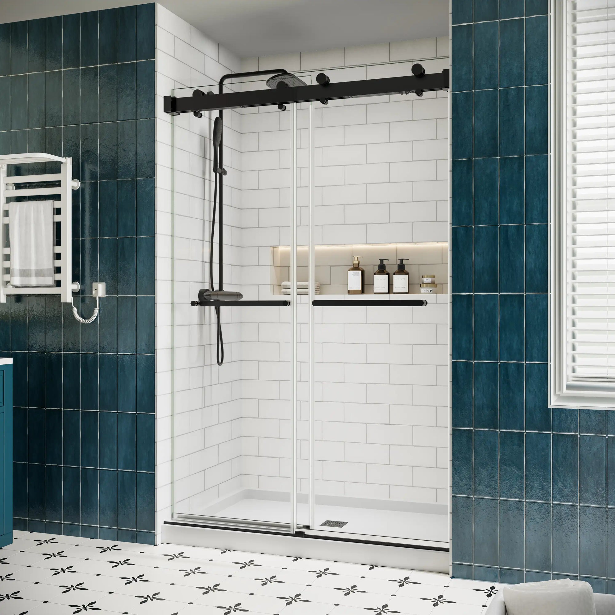 Side view of 48 x 76 black sliding shower door 48 inch with matte black hardware and frameless modern design | Ace Decor
