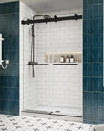 Side view of 48 x 76 black sliding shower door 48 inch with matte black hardware and frameless modern design | Ace Decor