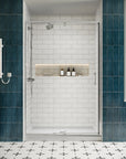 Front view of framed 48 pivot shower door, size 48 x 71, installed in a modern tiled bathroom | Ace Decor