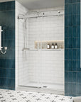 Side view of 48 x 76 chrome 48 inch sliding shower doors with frameless modern design in a tiled bathroom | Ace Decor