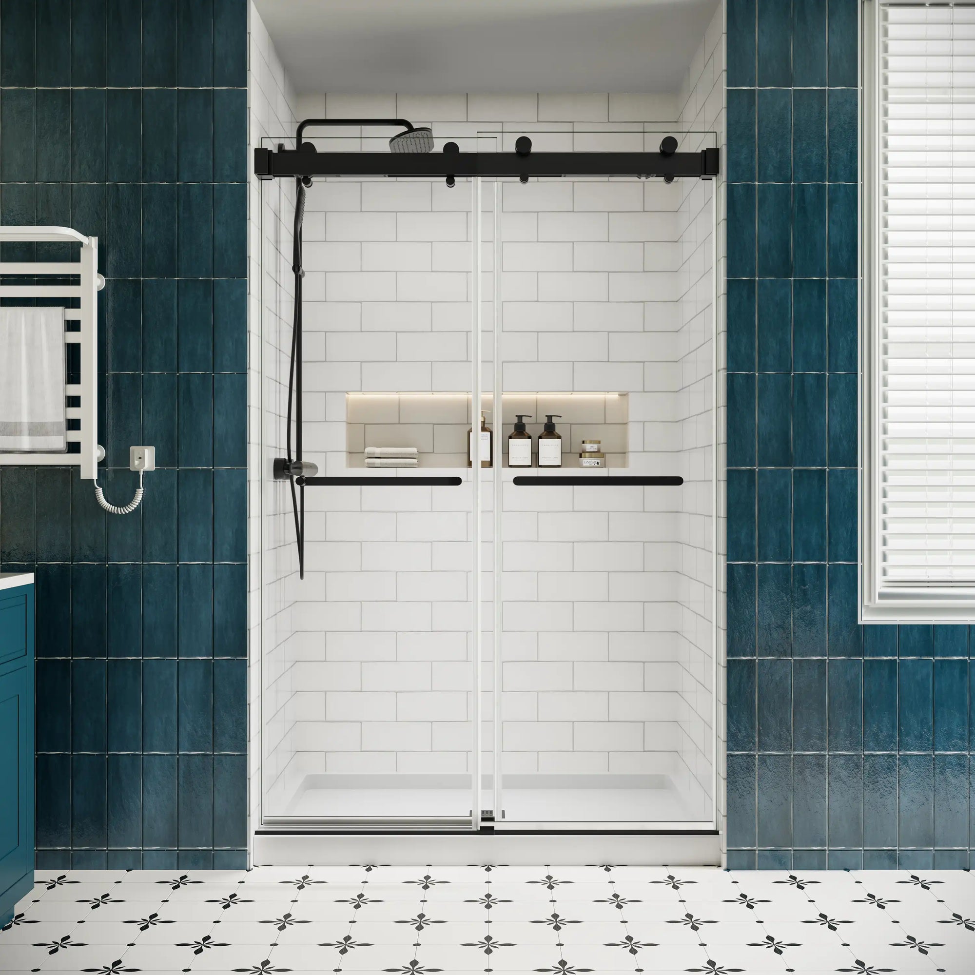 Front view of 48 x 76 black sliding shower door 48 inch with matte black hardware and frameless modern design | Ace Decor