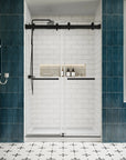 Front view of 48 x 76 black sliding shower door 48 inch with matte black hardware and frameless modern design | Ace Decor
