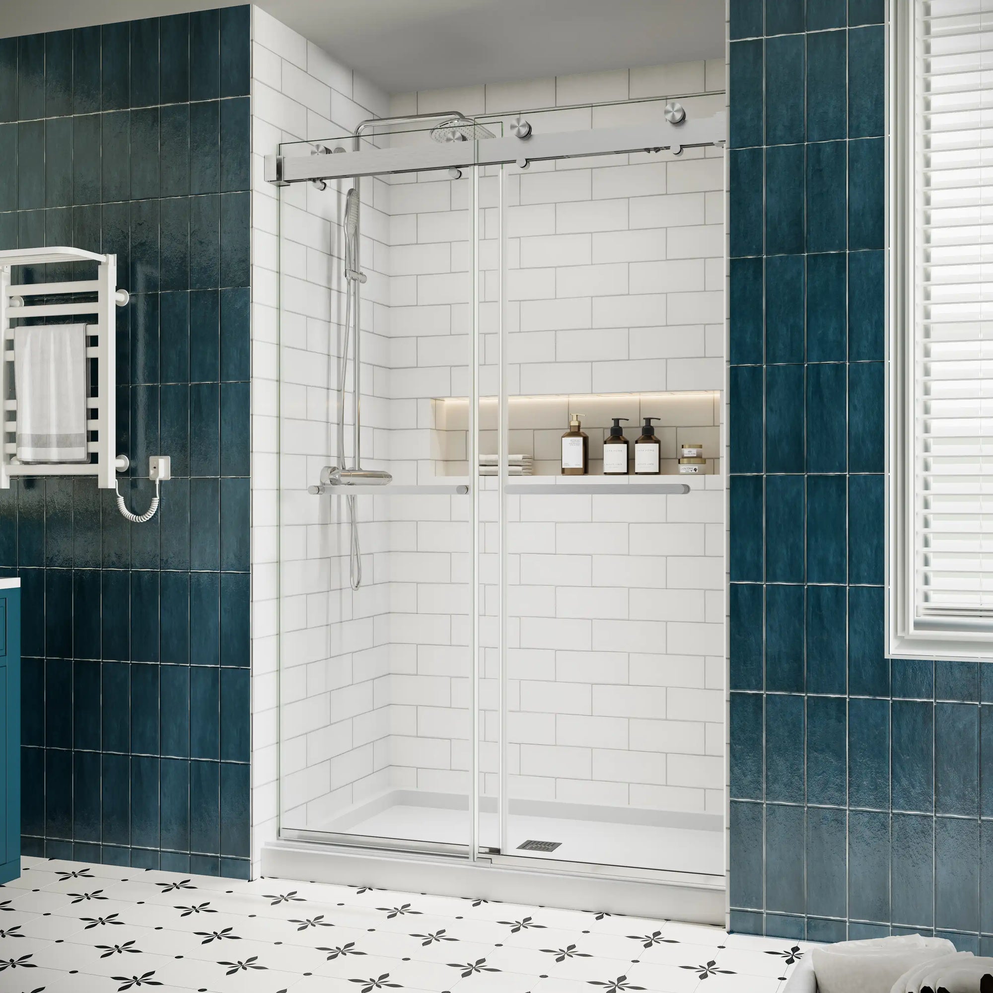 Side view of 48 x 76 brushed nickel 48 in sliding shower door with frameless modern design and double towel bars | Ace Decor