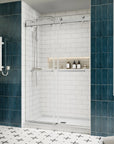 Side view of 48 x 76 brushed nickel 48 in sliding shower door with frameless modern design and double towel bars | Ace Decor