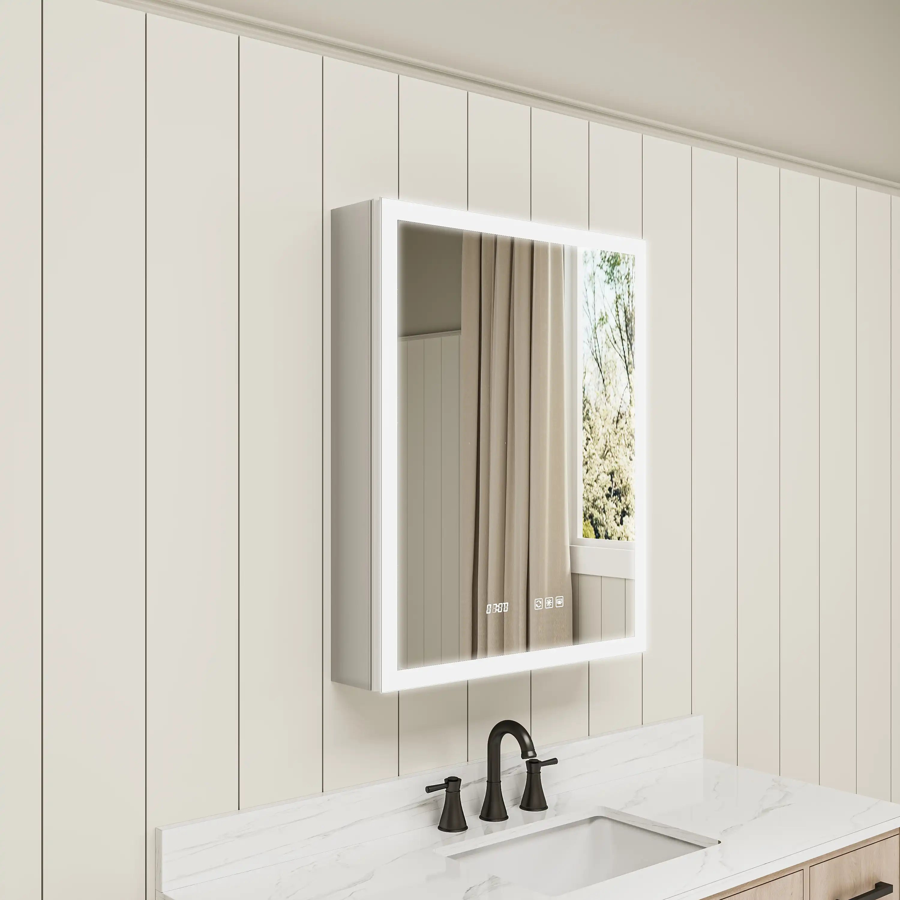 Front view of medicine cabinet mirror with lights off.