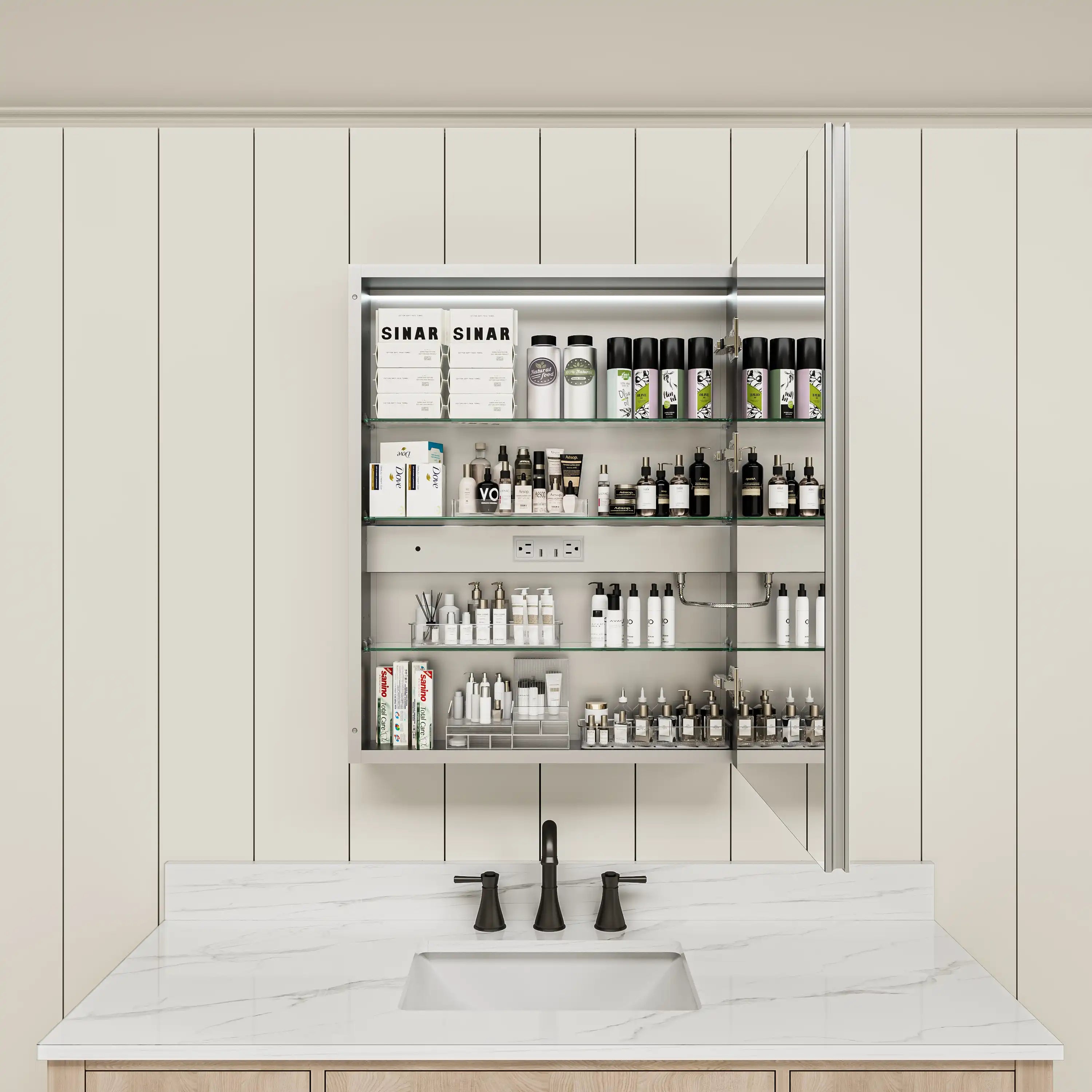 Single-door medicine cabinet filled with cosmetics on glass shelves.