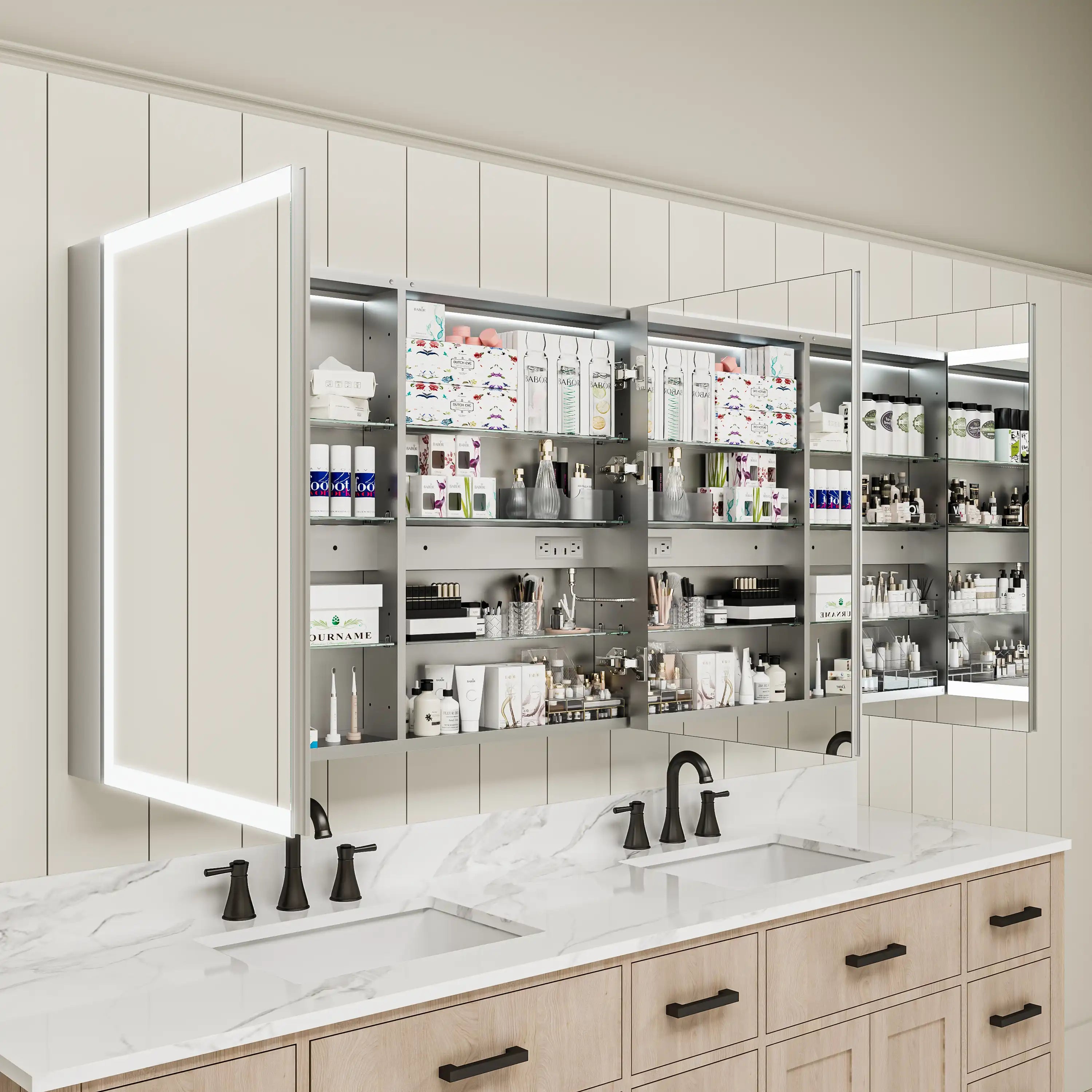LED lighted medicine cabinet with three doors, left side open view.