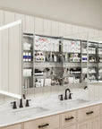 LED lighted medicine cabinet with three doors, left side open view.