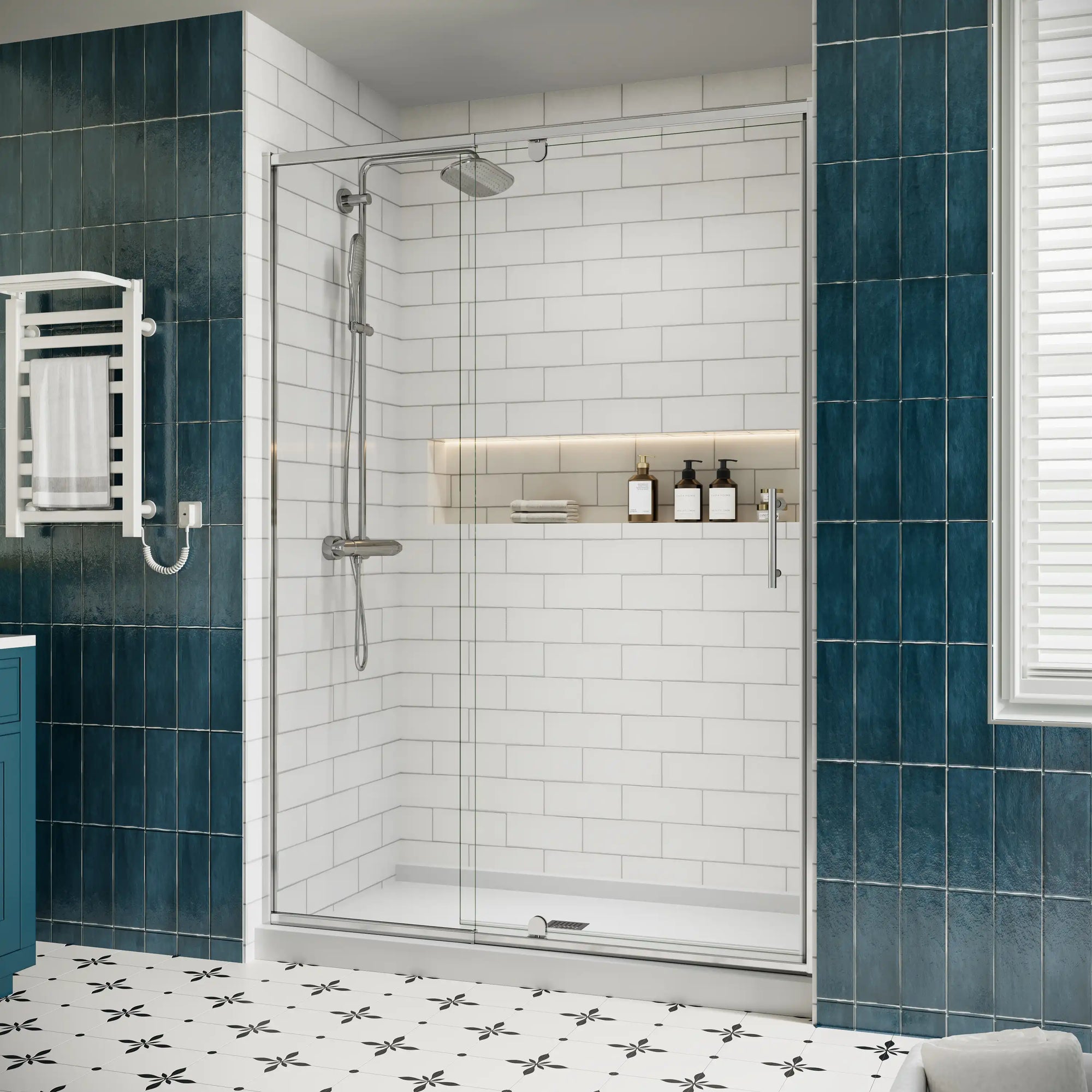 Side view of framed pivot shower doors, watertight shower enclosures size 54 x 71 | Ace Decor