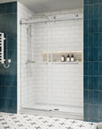 Side view of 54 x 76 brushed nickel sliding shower doors for small showers with frameless modern design and double towel bars | Ace Decor