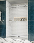 Side view of 54 x 76 chrome 50-54 sliding shower doors with frameless design and dual towel bar handles in a modern white subway tile bathroom | Ace Decor