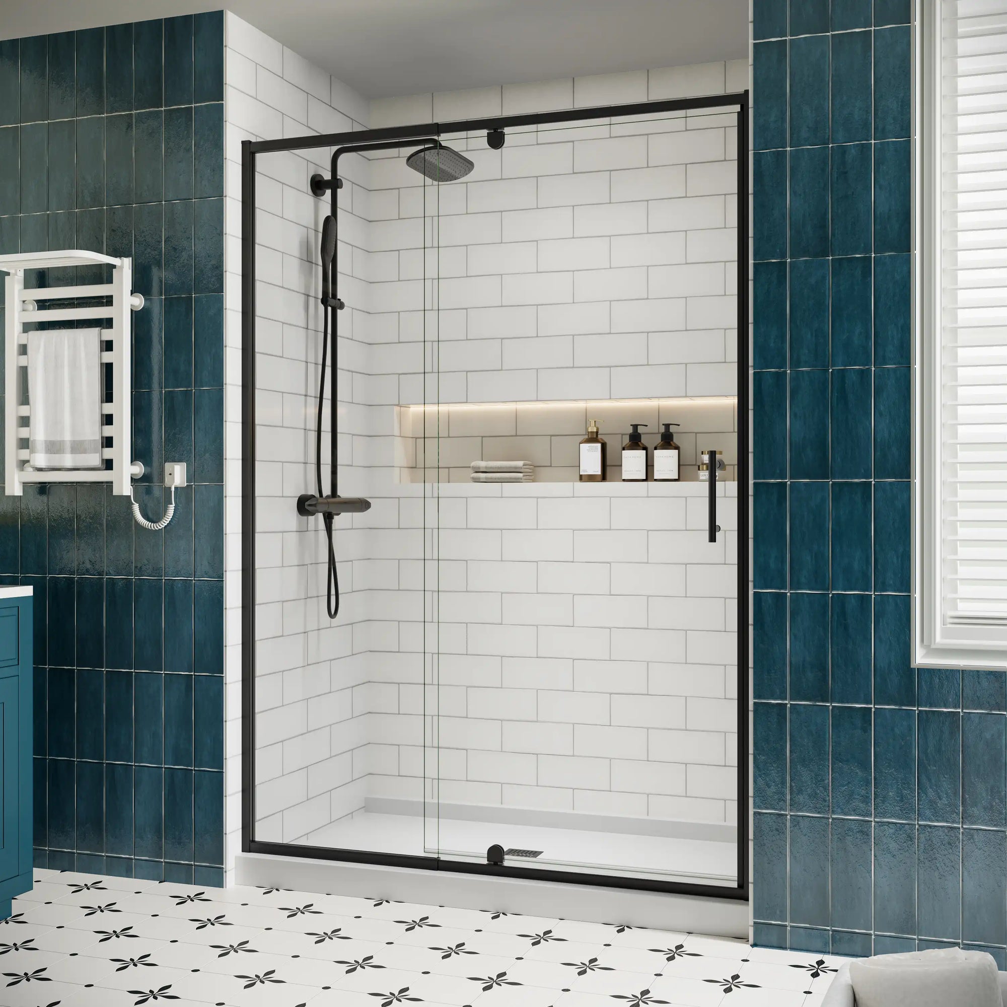 Side view of pivot shower door with side panel, watertight enclosure 54 x 71 | Ace Decor