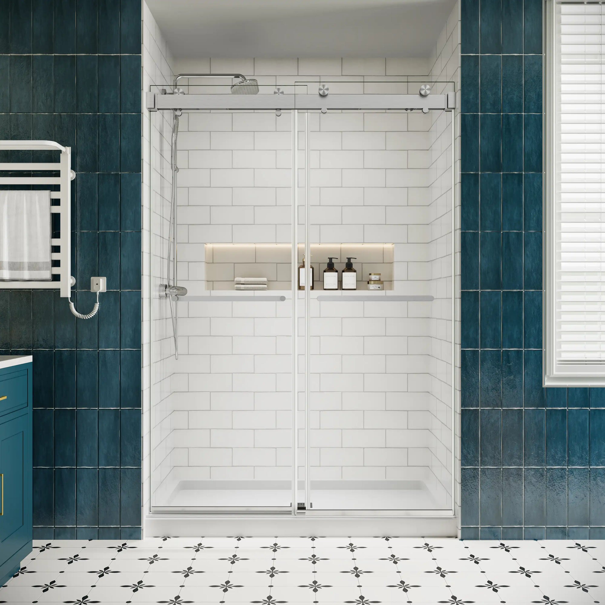 Front view of 54 x 76 brushed nickel sliding shower doors for small showers with frameless modern design and double towel bars | Ace Decor