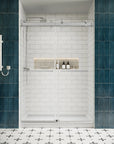 Front view of 54 x 76 brushed nickel sliding shower doors for small showers with frameless modern design and double towel bars | Ace Decor