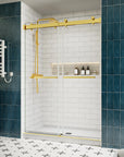 54 x 76 frameless double sliding shower doors side view in brushed gold finish showing modern bathroom installation | Ace Decor