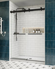 Side view of double sliding glass shower doors in matte black finish, 54 x 76 inches, showcasing sleek frameless design | Ace Decor