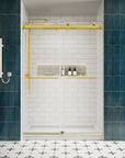 54 x 76 frameless double sliding shower doors front view in brushed gold finish showcasing modern minimalist bathroom style | Ace Decor