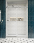 Front view of 54 x 76 chrome 50-54 sliding shower doors with frameless design and dual towel bar handles in a modern white subway tile bathroom | Ace Decor