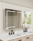 Side view of Pro Shower 48x30/60x30 LED Medicine Cabinet, with lights turned off in modern bathroom.