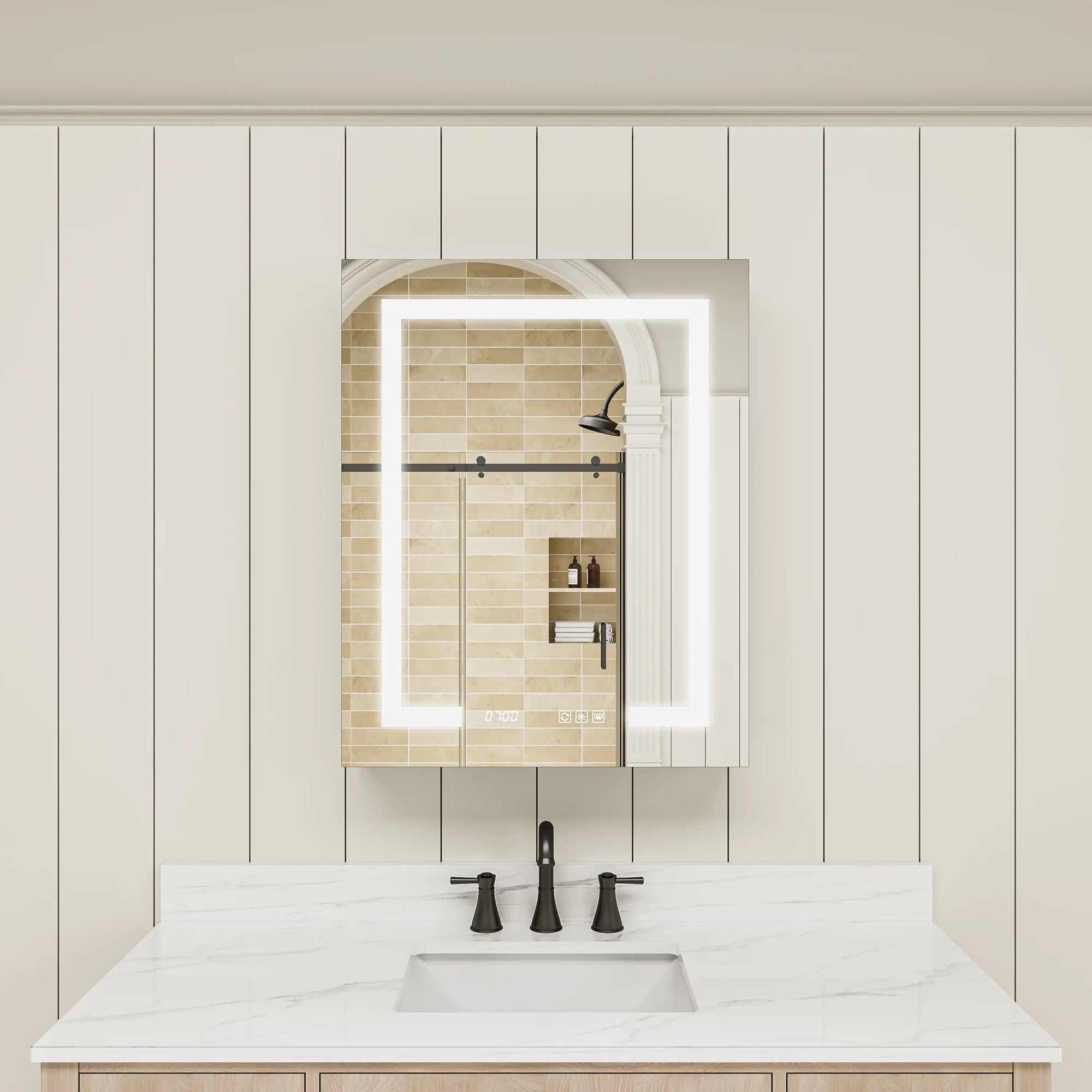 Pro Shower 24x30 LED Medicine Cabinet illuminated with cool daylight lighting.