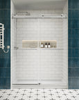 Front view of 60 x 76 chrome double sliding frameless shower door with modern minimalist design in a white subway tile bathroom | Ace Decor