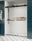 Side view of 60 x 76 dual sliding shower doors with matte black hardware in a modern bathroom with white subway tiles and blue accent walls | Ace Decor
