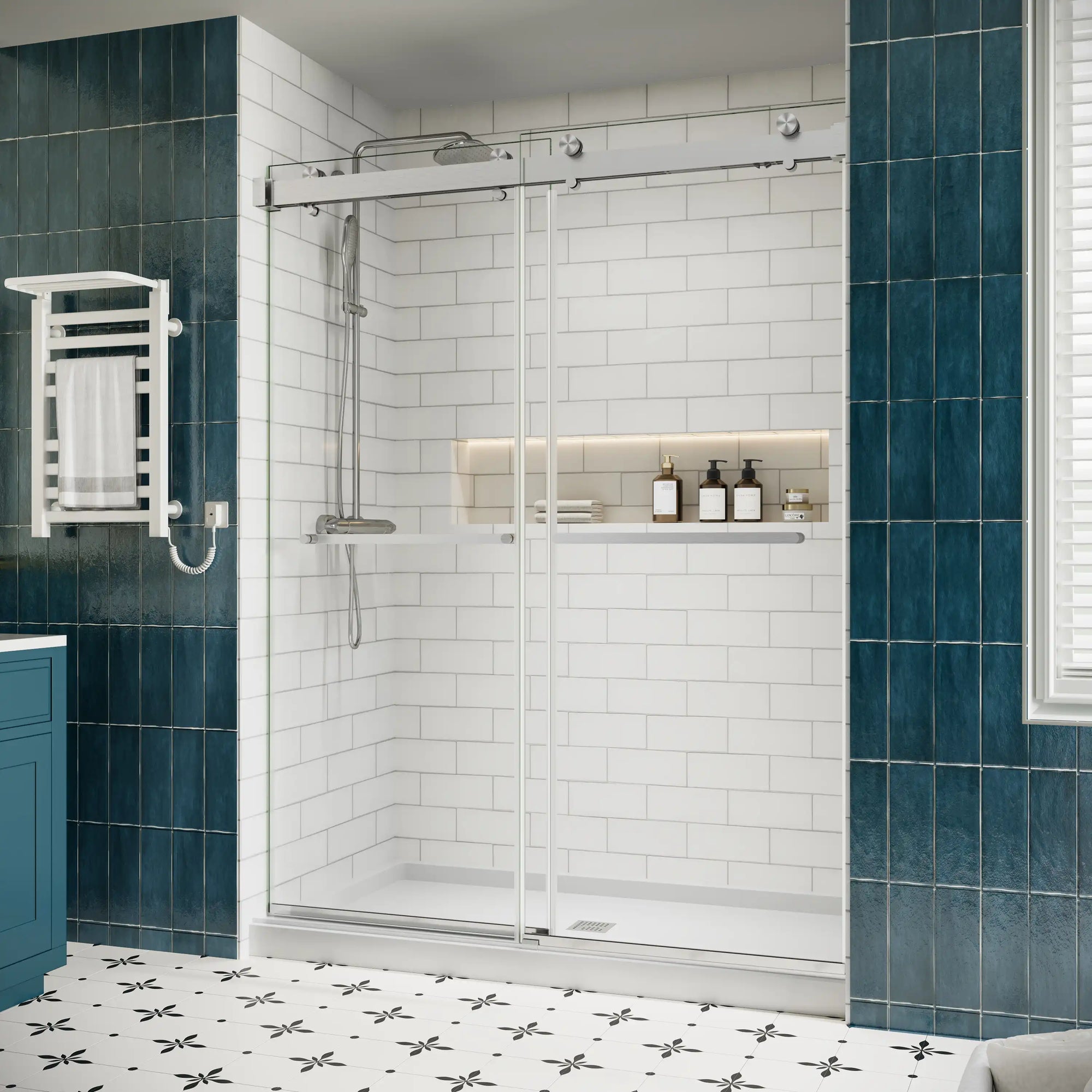 60 x 76 brushed nickel sliding frameless shower door side view showcasing modern minimalist bathroom design | Ace Decor