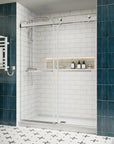 Side view of 60 x 76 chrome double sliding frameless shower door with modern minimalist design in a white subway tile bathroom | Ace Decor