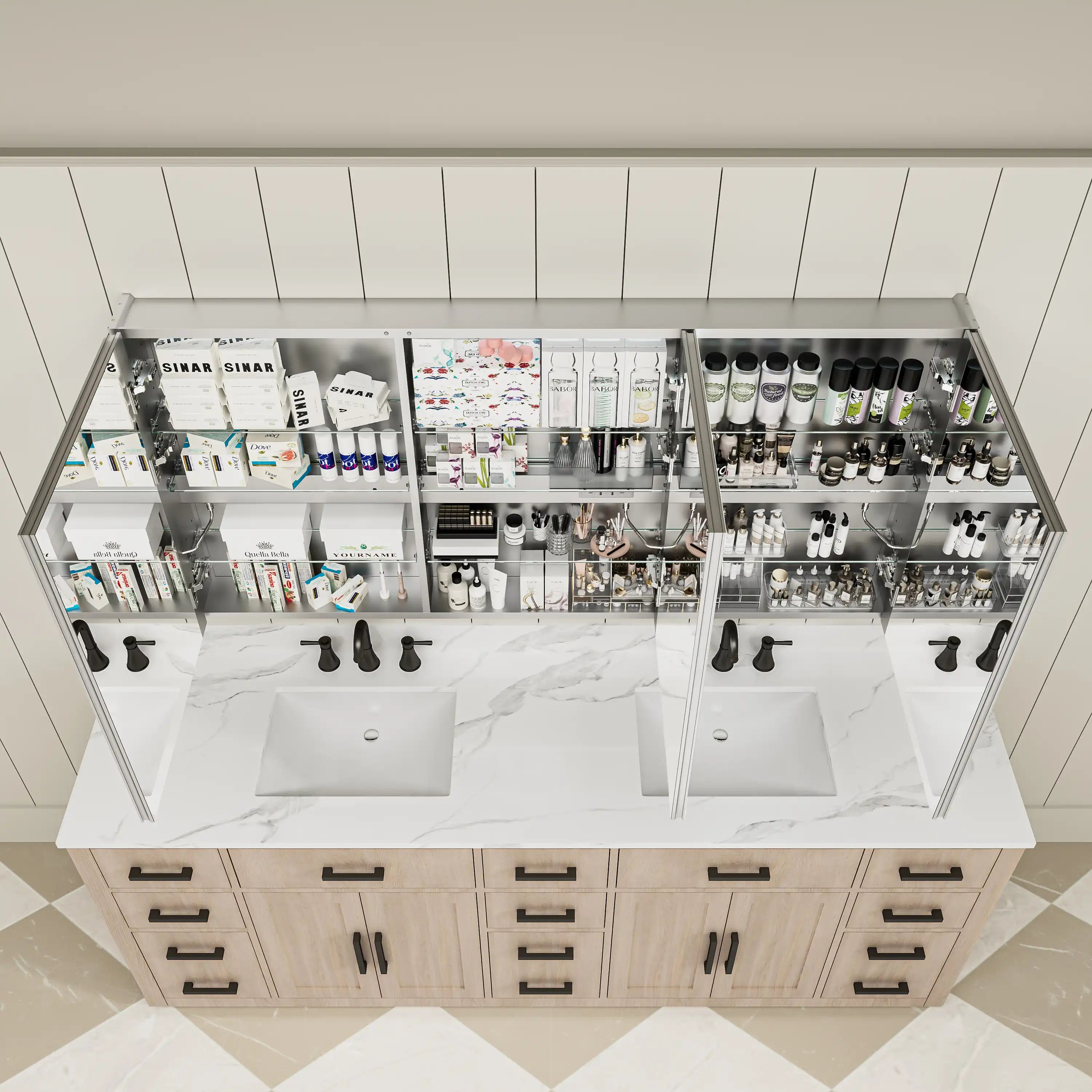 LED lighted medicine cabinet with three doors, top open view.