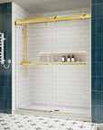66 x 76 brushed gold sliding shower door side view showing frameless design and modern bathroom installation | Ace Decor