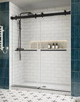 Side view of 60 x 76 double sliding shower doors frameless design with matte black hardware in a modern white subway tile bathroom | Ace Decor