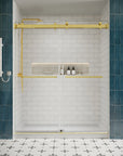 66 x 76 brushed gold sliding shower door front view showing frameless design and modern bathroom installation | Ace Decor